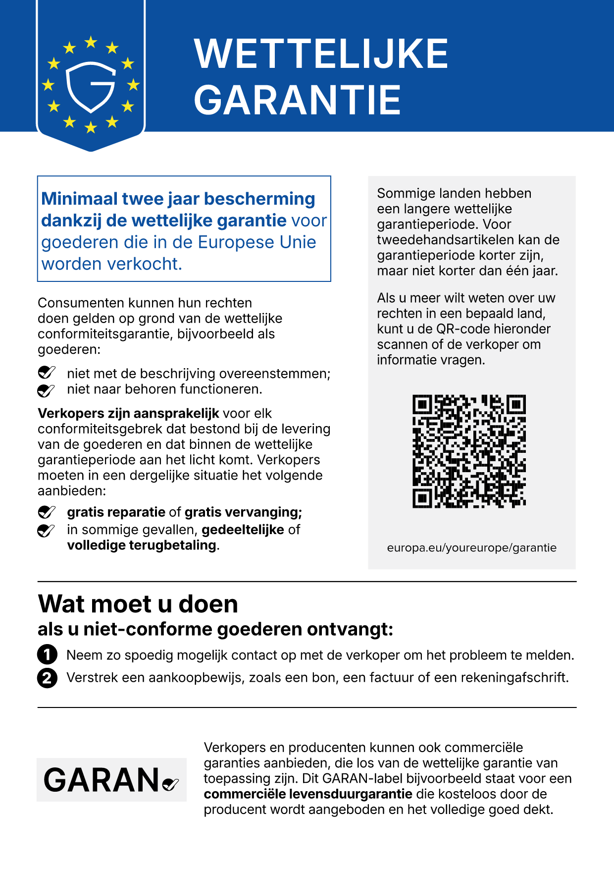 Gesetzliche Gewährleistung: Mindestens zwei Jahre gesetzliche Gewährleistung der Vertragsmäßigkeit für Waren, die in der Europäischen Union verkauft werden. Harmonisierte Mitteilung gemäß Durchführungsverordnung (EU) 2025/1960.